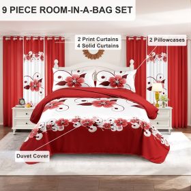 9 Piece Soft All-Season Washed Microfiber Cover Set , Queen/King Bedding Set With Zipper Closure, Sheet, Pillowcases,Shams & curtains, Print (Color: red/white gardenia, size: QUEEN)