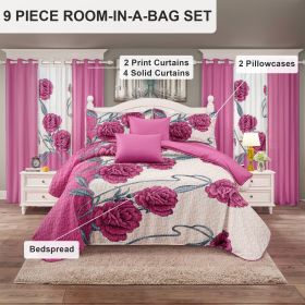 9 Piece Soft All-Season Washed Microfiber Cover Set , Queen/King/Calking Bedding Set With Pillowcases,Bedspread Print Curtains & Solid Curtains,P (Color: Pink/White Rose, size: CAL KING)