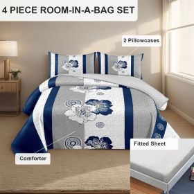 4 Piece Soft All-Season Washed Microfiber And Viscose Comforter Set ,  With Comforter, Sheet, Pillowcases & Shams, Print, Flowerd, Moisture-Wicki (Color: blue/white flower, size: QUEEN)
