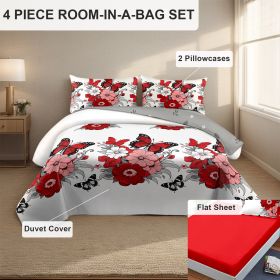 4 Piece Soft All-Season Washed Microfiber Cover Set , Queen/King/Calking Bedding Set With Zipper Closure, Sheet, Pillowcases,Print, Moisture-Wick (Color: red butterfly peony, size: QUEEN)